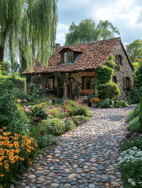 This picturesque stone cottage, nestled among vibrant flower gardens, features a charming cobblestone pathway leading up to its door. The cozy home boasts a rustic tiled roof and is enveloped by greenery, creating an inviting and serene atmosphere. Colorful blooms and foliage enhance the scenic beauty, making it a perfect representation of country cottage charm..  #cottage, #gardening, #landscape, #stone house, #flower garden, #rustic decor Wooden Cottage House, Cobblestone Garden, House Flower Garden, Cobblestone Pathway, Cottage Gardening, Garden Rustic, College Projects, Old Stone Houses, Landscape Stone