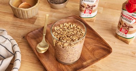 Premier Protein Cafe Latte Recipes, Cafe Latte Premier Protein Recipes, Premier Protein Overnight Oats, Cafe Latte Recipe, Latte Overnight Oats, Drink Hacks, Berry French Toast Casserole, Berry French Toast, Premier Protein Shakes