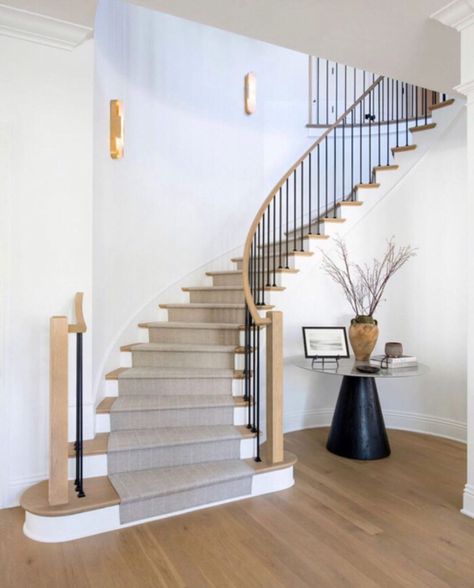 Curved Staircase Foyer, Entryway Staircase, Rochester Homes, Entryway Design, Contemporary Barn, Modern Stairs, Eclectic Modern, Curved Staircase, Entry Way Design