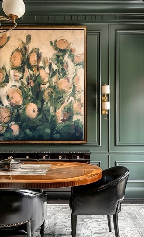 Dark Floral Dining Room, Emerald Green Dining Room, Dark Green Dining Room, Green Dining Rooms, Green Dining Room Walls, Dramatic Dining Room, Moody Dining Room, Large Scale Painting, Dark Dining Room