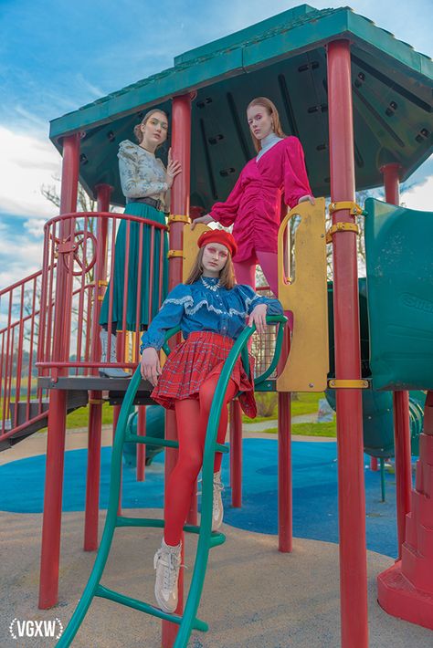 Playground Editorial Fashion, Playground Editorial, Childish Photoshoot, Playful Fashion Editorial, Playground Photoshoot Ideas, Playground Photoshoot, Playful Photoshoot, Playground Photo Shoot, Playground Photography