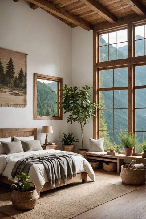 Modern White Bedroom Ideas, Mountain Home Bedroom, Modern Cabin Bedroom, Modern White Bedroom, White Bedroom Ideas, All White Bedroom, Natural Bedroom, Oak Bedroom, Relaxing Bedroom