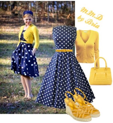 Colourful Dress Outfit, Navy Polka Dot Dress Outfit, Blue Polka Dot Dress Outfit, Jw Assembly, Ssense Fashion, Dot Outfit, Outfit Yellow, Dotted Dress, Nancy Gonzalez