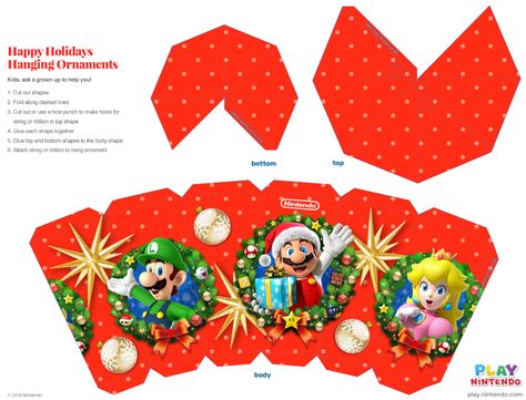 https://play.nintendo.com/activities/downloads/printable-diy-holiday-ornament/ Mario Themed Bedroom, Super Mario Free, Super Mario Christmas, Mario Christmas, Printable Christmas Decorations, Baby Boy Shower Party, Super Mario Birthday Party, Mario Birthday Party, Super Mario Birthday