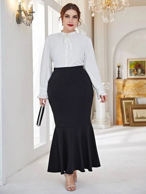 Plus High Waist Mermaid Hem Skirt | SHEIN USA Office Lady Outfit, Hem Skirt Outfit, Evening Clothes, Lady Outfit, African Attire Dresses, Modest Maxi, Office Outfits Women, Draped Skirt, Plus Size Maxi