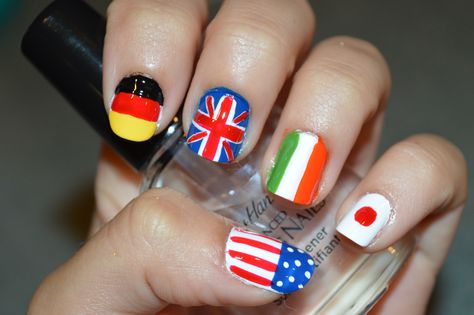 Flag nails: American, German, England, Ireland, and Japan. Olympic Nails, Drinking Challenges, Japan Nails, Art Nails Design, Nail Art Challenge, Japan Nail, Flag Nails, Super Cute Nails, German Flag