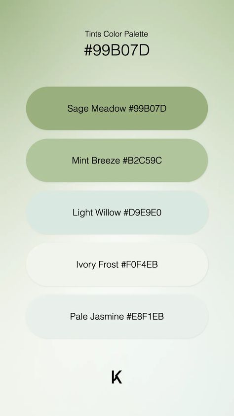 Tints Color Palette Sage Meadow #99B07D · Mint Breeze #B2C59C · Light Willow #D9E9E0 · Ivory Frost #F0F4EB · Pale Jasmine #E8F1EB Mint Color Palette, Mint Color Palettes, Mint Palette, Christmas Color Palette, Hex Color Palette, Hue Color, Christmas Color, Model Paint, Hex Colors