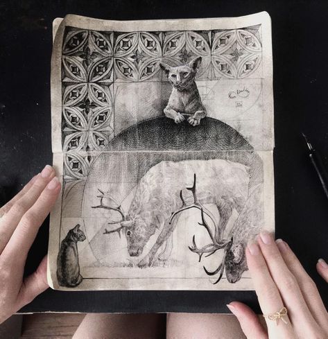 Elena Limkina, Artists Sketchbooks, Fantasy Cats, Drawing Refrences, Visual Journals, Pen Illustration, Artist Journal, Colossal Art, Cross Hatching