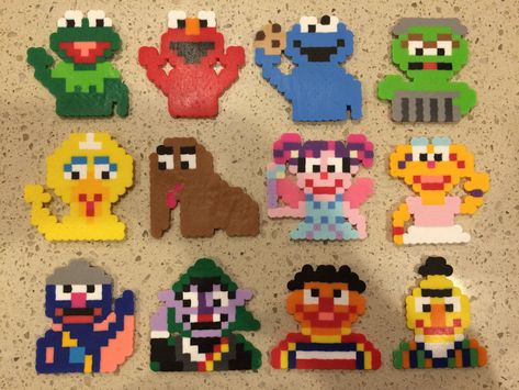 sesame street perler elmo oscar cookie monster big bird bert ernie grover Oscar The Grouch Perler Beads, Elmo Perler Bead Pattern, Friends Tv Show Perler Beads, Monster Truck Perler Bead Patterns, Cookie Monster Perler Beads, Sesame Street Pixel Art, Grimace Perler Beads, Muppet Perler Beads, Sesame Street Perler Beads