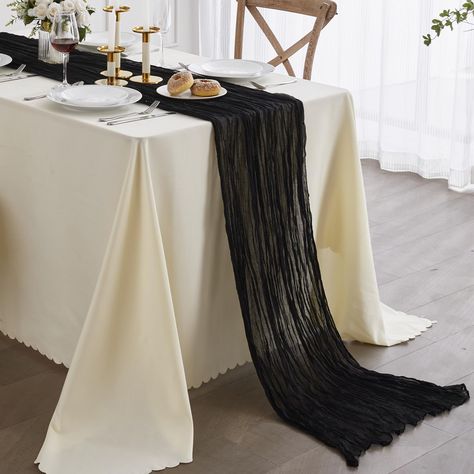 PRICES MAY VARY. 100% Cotton 【Advanced Design】: The combination of mysterious black and flowing table runners can make your banquet bright and special. Black cheesecloth table runner looks absolutely gorgeous as a table centerpiece or Halloween party centerpiece. Besides, wouldn't this make a great Halloween gift? 【Superior Material】: The black table runner made of 100% soft cotton, the fabric is very soft, exquisite sewing and not easy to loose thread. The black table runner has beautiful folds White Tablecloth With Black Runner, White Table Black Runner, Black Cheesecloth Table Runner Wedding, White Table Cloth With Black Runner, Black And White Decor Party, Black Runner Wedding, Halloween Themed Rehearsal Dinner, Black And White Table Scape, Black And White Party Centerpieces