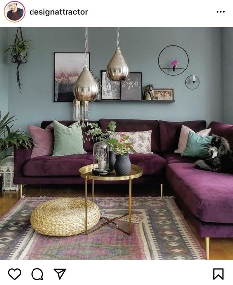 Over The Couch Decor, Dark Purple Living Room, Plum Living Room, Mauve Living Room, Lavender Living Room, Jewel Tone Living Room, Purple Living Room Ideas, Burgundy Living Room, Purple Couch