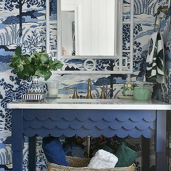 Metal and Marble Washstand on Blue Mosaic Tiles - Transitional - Bathroom Silver Chinoiserie Wallpaper, Blue Chinoiserie Wallpaper, Powder Room Design Ideas, Room Wallpaper Designs, Navy Bathroom, Blue Mosaic Tile, White Wainscoting, Powder Room Wallpaper, Transitional Dining Room