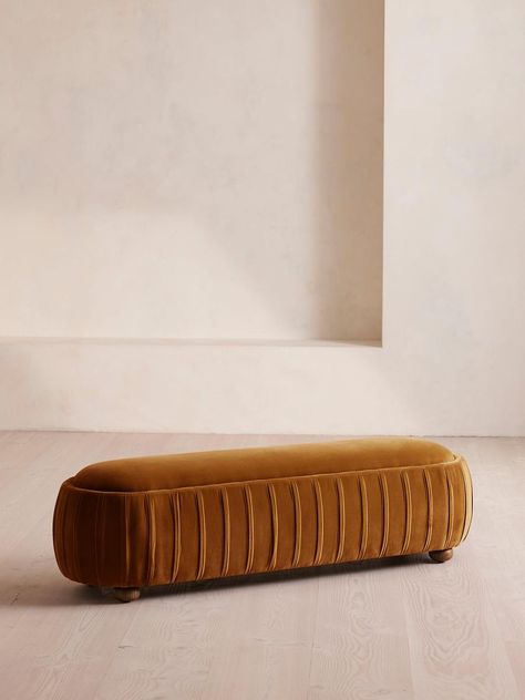 A rounded silhouette upholstered in tactile velvet is designed as an extension of our House favorite Vivienne range. Inspired by our members' favorite Vivienne sofa on the eighth floor of White City House, this bench is designed to perfectly complement the Vivienne bed. Its rounded silhouette comes fully upholstered in velvet in a range of bespoke colors. Soho Home Vivienne Bench, Velvet in Mustard, Us Quilted Curtains, Sofa Bed Mattress, Soho Home, Vanity Accessories, Rug Guide, The Vivienne, Bathroom Vanities For Sale, Crystal Glassware, White City