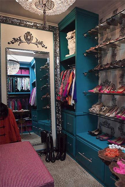 Glam closet features peacock blue built-in cabinets flanking stacked glass shoe shelves lined with designer shoes. Dream Dressing Room, Glam Closet, Contemporary Closet, Dressing Room Closet, Dream Closet Design, Closet Decor, Dream Closets, Glam Room, Closet Makeover