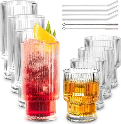 Combler Water Glasses Drinking Set of 8, 4pcs 11oz Glass Cups with Straws & 4pcs 6oz Cocktail Glasses, Cute Small Cups, Ribbed Glassware Sets for Wine Iced Coffee, Kitchen Housewarming Gifts Ribbed Glasses, Glassware Sets, Ribbed Glassware, Glass Cup Set, Ice Wine, Drinkware Sets, Cocktail Glassware, Coffee Wine, Highball Glasses