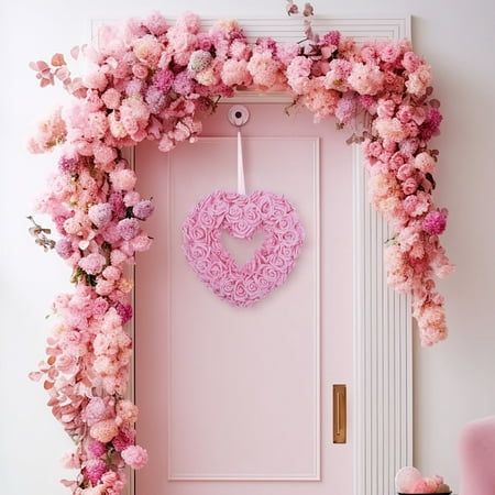 Valentines Dinners, Valentines Day Door Decorations, Cloth Garland, Valentine Shoot, Faux Garland, Proposal Party, Door Garland, Heart Shaped Wreath, Diy Keychains