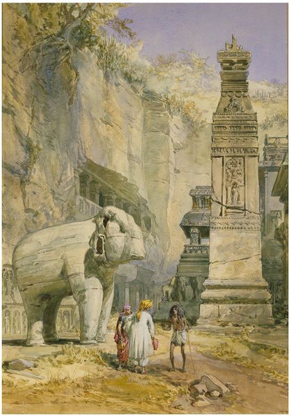 Ellora Caves Sketches, William Simpson Art, Ellora Caves Paintings, Indian Architecture Painting, Kailasa Temple Ellora, Hindu Aesthetics, Kailasa Temple, Enlightenment Art, Ajanta Ellora