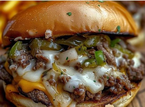 Philly Cheese Steak Burgers Philly Cheese Steak Burger Recipe, Butter Cake Cookies, Steak Burgers, Grandma's Recipes, Cheese Steak, Philly Cheese, Beef Patty, Grandmas Recipes, Provolone Cheese