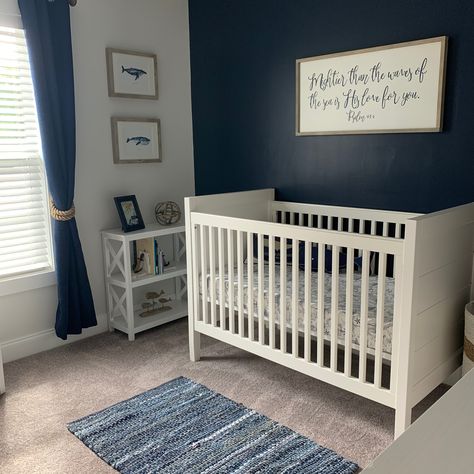 Navy And White Nursery, Navy Blue And White Nursery, Dark Blue Nursery Boy, Navy Nursery Ideas, Nautical Boy Nursery, Whale Nursery Theme, Navy Blue Nursery Boy, Whale Baby Room, Blue Nursery Ideas