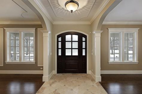 Entry Dining Room Combo, Entry Dining Room, Apartment Organization Diy, White Baseboards, Mahogany Wood Doors, Baseboard Trim, Ceiling Trim, Colorful Interior Design, Diy Entryway