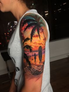 Palm Tree Sleeve Tattoo, Beach Sleeve Tattoo, Palm Tree Sleeve, Tree Tattoo Sleeve, Tree Sleeve Tattoo, Tree Sleeve, Fake Tattoo Sleeves, Girls With Sleeve Tattoos, Palm Tattoos