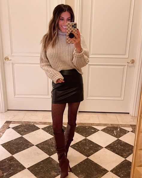 Leather Skirt And Sweater Outfit, Leather Skirt And Boots, The Sister Studio, Sister Studio, Skirt Sweater, Recruitment Outfits, Leather Skirt Outfit, Sweater Outfit, Tights Outfit