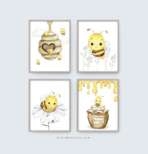 "* SET OF 4 * To get the set of 6 go here: https://www.etsy.com/listing/1296511849/ ▲ This listing includes * High resolution JPG at 300 dpi * Sizes: A3/A4, 8\"x10\", 11\"x14\" and 16\"x20\" ▲ Printing options * You can print the files at home using a heavyweight, matte photo paper or card stock  * Take the files to your local print shop, walgreens, staples, kinkos, costco and ask for a heavyweight, matte photo paper or card stock ▲ Little extras  * if you need another size or color please go he Honey Bee Nursery Ideas, Honeybee Nursery Ideas, Honey Bee Nursery Theme, Bee Bedroom Theme, Bumble Bee Nursery Ideas, Bee Theme Nursery, Bee Nursery Ideas, Yellow Blue Nursery, Bumble Bee Nursery Decor