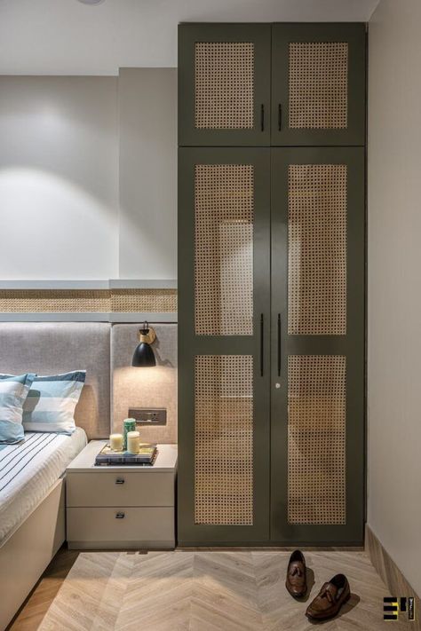 Single Wardrobe Design, Portuguese Villa, Being A Fashion Designer, Rattan Wardrobe, Interior 2024, Glass Splashbacks Kitchen, Residence Design, Indian Bedroom, Modern Home Bar