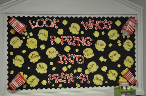 Welcome Bulletin Board: Look Who's Popping Into PreK-4! Popcorn Themed Bulletin Board, Popping Into Kindergarten, Circus Bulletin Board Ideas Preschool, Popcorn Bulletin Board Ideas, Popcorn Bulletin Board, Popcorn Theme Classroom, August Bulletin Boards, Pta Bulletin Boards, Popcorn Theme