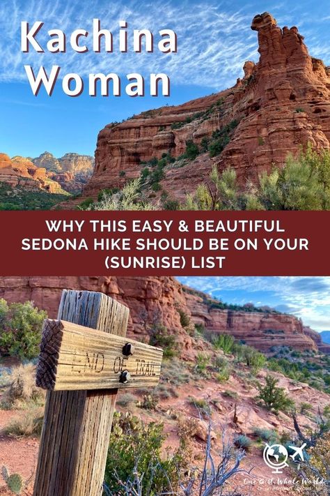 Easy Sedona Hike (especially for Sunrise) - Kachina Woman in Boynton Canyon | If you're looking for a Sedona sunrise hike that's easy & not croweded, Kachina Woman is a great option...very short, easy hike with little elevation gain.  Great Sedona hike any time of day. Best Sedona hikes. Sedona To Grand Canyon, Sedona Hiking, Sedona Arizona Travel, Arizona Attractions, Sedona Hikes, Sedona Travel, Sunrise Hike, Planning Trips, Arizona Trip