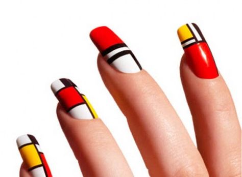 Bauhaus nails Deco Nails, Yellow Nail, Geometric Nail Art, Polish Art, Geometric Nail, Piet Mondrian, Orange Nails, Unique Nails, Nail Art Summer