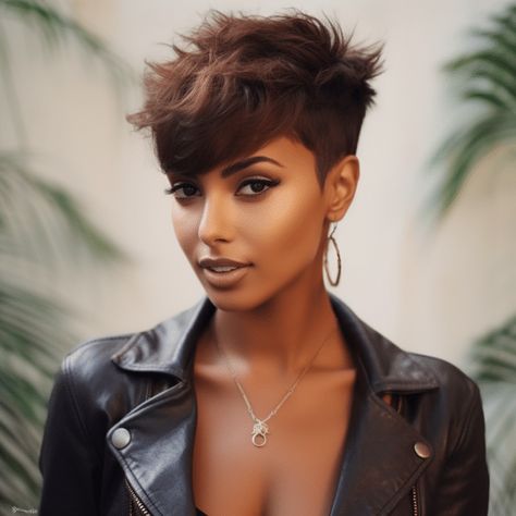 Fashion Color Pixie Hair, Mahogany Pixie Hair, 2023 Pixie Hair Trends, Pixie Cut For 2024, Pixie 2024 Trends, Funky Pixie Cut 2024, Edgy Pixie Hairstyles, Cute Pixie Haircuts, Short Pixie Bob