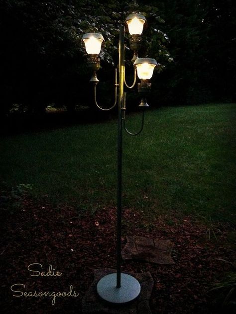 from old floor lamp to new solar lights, lighting, outdoor living, repurposing upcycling Antique Floor Lamp, Backyard Solar Lights, Antique Floor Lamps, Solar Lights Diy, Solar Light Crafts, Backyard Lighting, Light Crafts, Solar Lanterns, Diy Solar