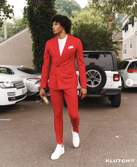 Guys Wearing Suits Aesthetic, Suits Men Black And Red, Turtle Neck Homecoming Men, Prom Suits For Men Nude, Prom Fits For Guys Black, Red And Black Prom Outfit Men, Prom Suits For Men With Sneakers, Red And White Suits For Men, Turtle Neck Hoco Outfit Men