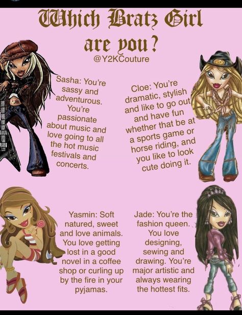 Bratz Dolls Characters Names, Bratz Characters Names, Bratz Dolls Aesthetic Quotes, Bratz Personalities, Brats Fanart, Bratz Art Aesthetic, Bratz Nicknames, Bratz Yasmin Doll, 2000s Fashion Bratz