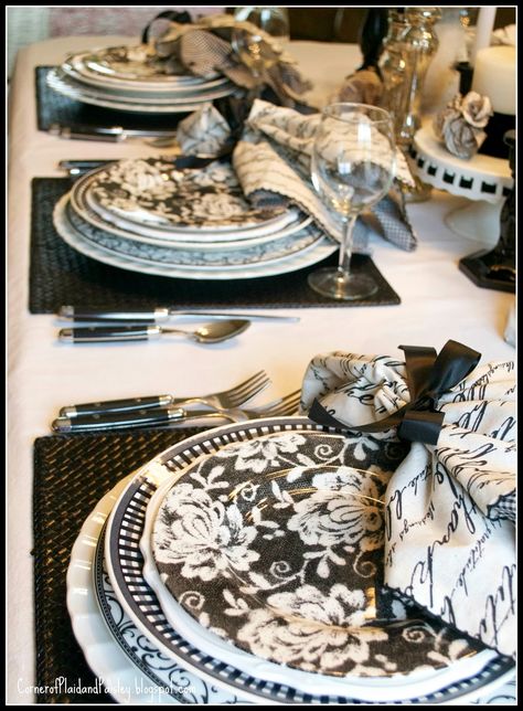 Black and White Table - Corner of Plaid and Paisley Kitchen Table Black, Black And White Dishes, Black Kitchen Table, Black And White Table, White Table Settings, Pretty Table Settings, Old Time Pottery, Black Flatware, Black And White Plates