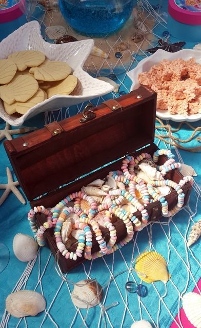 Treasure Chest Mermaid Party, Treasure Party Theme, Candy Treasure Chest, One Shell Of A Party, Treasure Chest Decor, Easy Mermaid Party Decorations, Treasure Theme Party, Beach Themed Birthday Decorations, Ocean Birthday Ideas