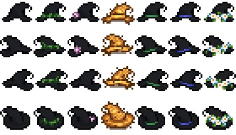 Witch Hats at Stardew Valley Nexus - Mods and community Stardew Valley Layout, Cool Pixel Art, Witch Hats, Video Game Design, Pixel Art Games, Farm Design, Black Tree, Stardew Valley, Witch Hat