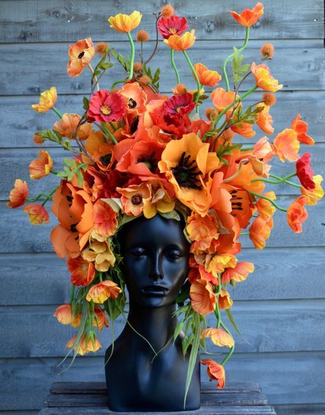 Large Poppy Flower Headdress Flower Headpiece Costume, Flower Wig, Flower Head Dress, Alice Photoshoot, Headdress Ideas, Styrofoam Art, Styrofoam Head, Masquerade Theme, Floral Headdress