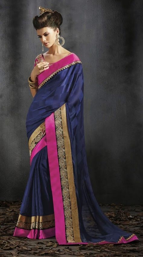 Fashionable royal blue satin chiffon jacquard border saree which is completed with lace, sequins, zari embroidery work in the horizontal panel and pink patch on the border. Contrast embroidered blouse piece attached with this sari. The blouse of this saree can be stitched in the maximum bust size of 42 inches. Bridesmaid Sarees, Jacquard Saree, Latest Indian Saree, Designer Sarees Collection, Party Sarees, Indian Sarees Online, Designer Sarees Online, Utsav Fashion, Embroidery Saree