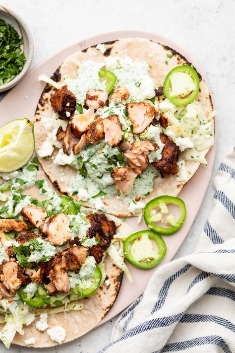 Cilantro Slaw, 2024 Health, Creamy Jalapeno, Salmon Tacos, Spicy Salmon, Fish Tacos, Low Fodmap, Quesadillas, Fajitas