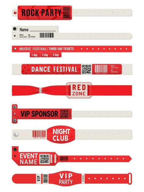 Event access bracelet or wristband mockups Wristband Design, Party Names, Ticket Design, Id Design, Red Zone, Wristband Bracelet, Book Layout, Experiential, Bracelet Designs