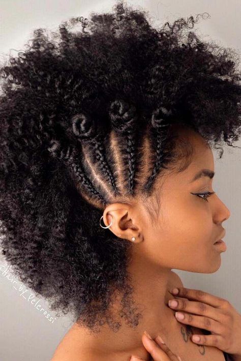 Natural Hair With Faux Hawk Hairstyle #naturalhair #curlyhair #naturalhairstyles Havana Twists, Braided Mohawk Hairstyles, Curly Mohawk, Faux Hawk Hairstyles, Curly Hair Braids, Easy Updo Hairstyles, Mohawk Braid, Braids Styles, Cute Curly Hairstyles