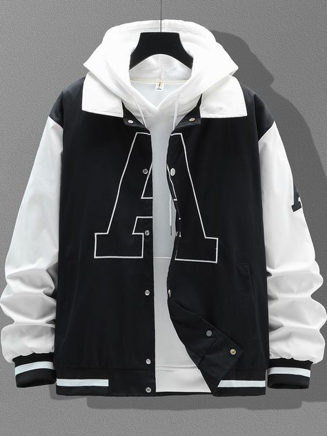 Black and White Casual Collar Long Sleeve Fabric Colorblock Varsity Embellished Non-Stretch Fall/Winter Men Outerwear Jacket Over Hoodie Outfit, Jacket Over Hoodie, Drop Shoulder Jacket, Business Casual Outfits Winter, Black And White Hoodie, Black And White Hoodies, Shoulder Jacket, Jacket Black And White, Men Outerwear