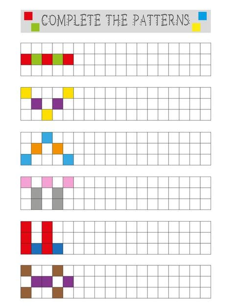 Complete the pattern worksheet for kids. Educational game for elementary school.  Fun activity for preschool and kindergarten Complete The Pattern Worksheet, Pattern Worksheets For Kindergarten, Activity For Preschool, Pattern Game, Pattern Worksheet, Worksheet For Kids, Educational Games For Kids, Cityscape Photos, Logo Banners