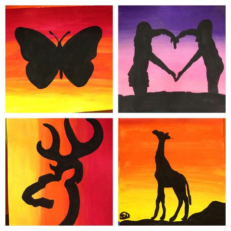 Silhouette paintings Silhouette Drawing Ideas, Silhouette Art Ideas, Silhouette Paintings, Art Ideas For Kids, Middle School Projects, Art Drawing Ideas, Sunset Canvas Painting, Easy Silhouette, Silhouette Canvas