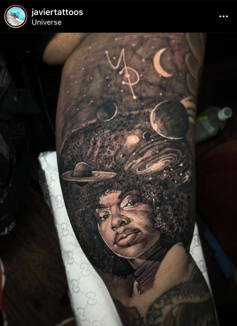 Javier Tattoos Spiritual Sleeve Tattoos For Black Women, African Inspired Tattoos, Spiritual Tattoos Black Women, African Goddess Tattoo, Black Goddess Tattoo, Royalty Tattoo, African Sleeve Tattoo, Afro Tattoo, Dark Skin Tattoo