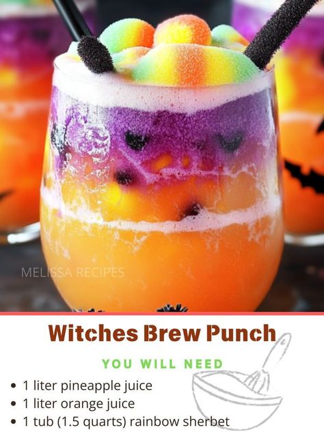 Sherbert Punch Halloween, Witches Brew Non Alcoholic, Halloween Punch Recipes Non Alcoholic, Witches Brew Punch, Kids Halloween Party Food, Halloween Punch Recipes, Orange Juice Recipes, Spooky Candy, Halloween Punch