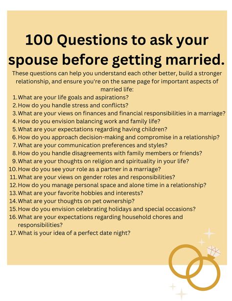 Enhance your relationship and strengthen the bond with your partner by diving deep into meaningful conversations with our collection of 100 thought-provoking questions for couples. Perfect for engaged couples preparing for marriage or anyone looking to deepen their connection, this digital product is designed to ignite engaging discussions, foster understanding, and build a solid foundation for your journey together. Our carefully curated list of questions covers various aspects of life, love, and partnership. From communication styles to financial planning, from future aspirations to shared values, these questions will guide you on a journey of self-discovery and mutual understanding. Why Choose Our Digital Product? - Thoughtfully crafted: Each question is designed to inspire thoughtful c 101 Questions To Ask Before Engagement, New Relationship Questions, Relationship Building Questions, Marriage Questions, Future Aspirations, Deep Conversation Topics, Questions For Couples, Intimate Questions, Preparing For Marriage