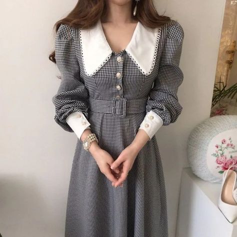 Long Sleeve Plaid Dress, Woman Dresses, Vogue Dress, Dress Sash, Puff Long Sleeves, Design Clothes, Vestidos Vintage, Korean Dress, Puffed Sleeves Dress